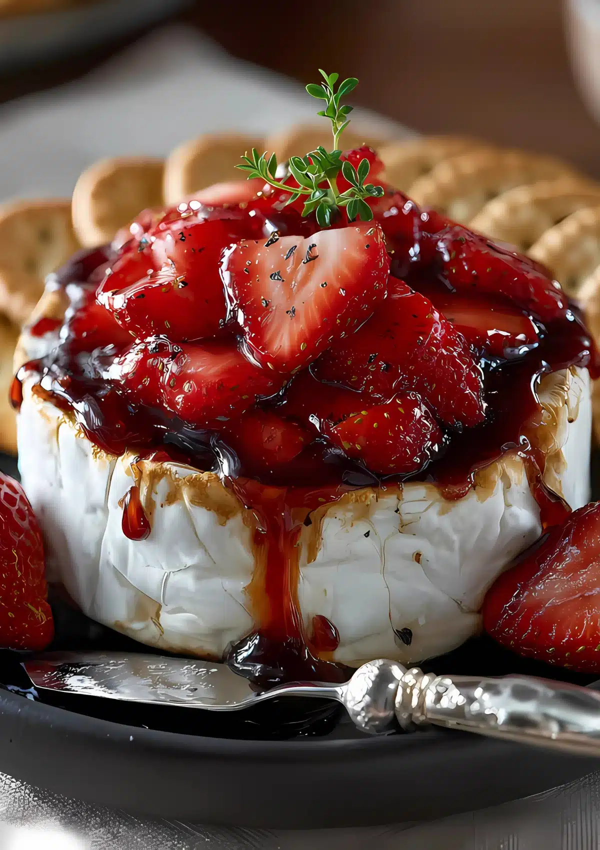 Close-up of strawberry baked brie with glossy strawberry jam and balsamic vinegar glaze, fresh thyme garnish, and silver serving spoon on dark plate
