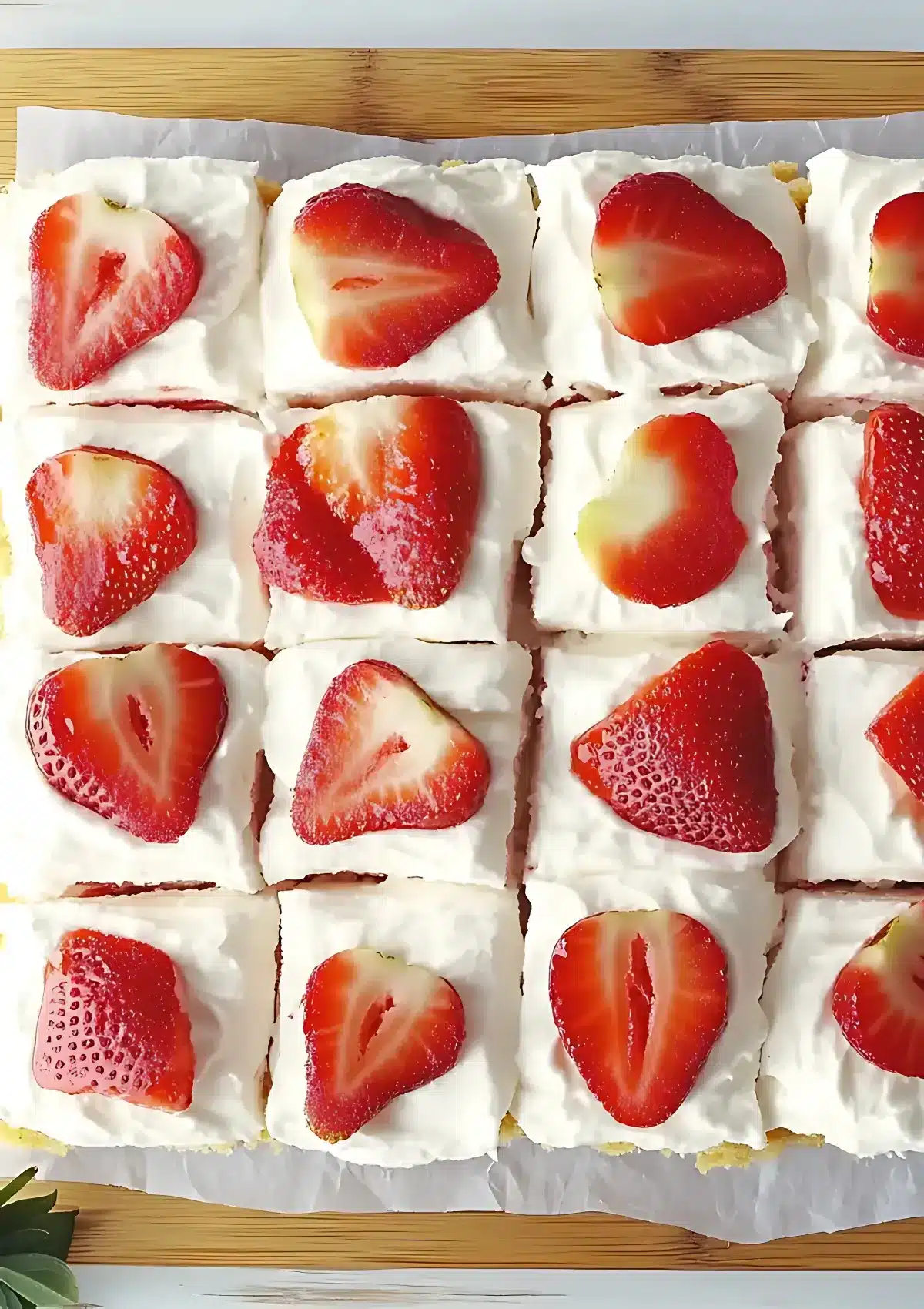 Overhead view of cut strawberry poke cake topped with whipped cream and halved strawberries.