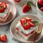 Overhead view of strawberry poke cake slices on plates with gold forks, fresh strawberries in bowl, and mint garnish showing complete dessert presentation