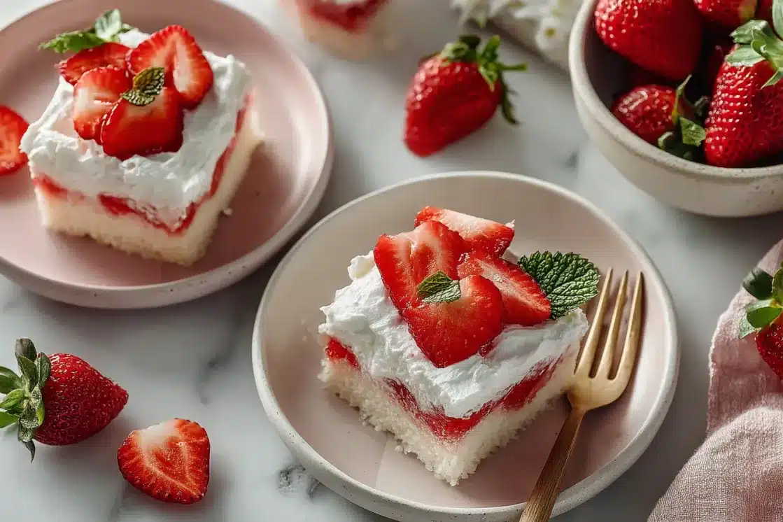 Overhead view of strawberry poke cake slices on plates with gold forks, fresh strawberries in bowl, and mint garnish showing complete dessert presentation