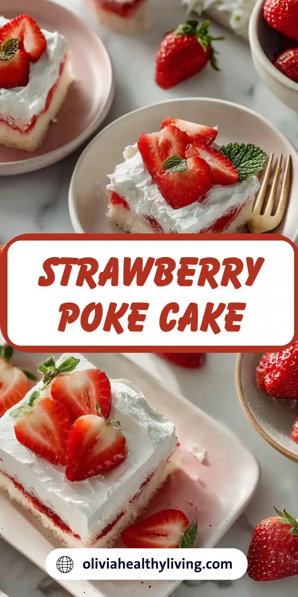 Multiple slices of strawberry poke cake on pink plates with fresh strawberries and mint garnish, showing the beautiful red jello marbled throughout the white cake layers