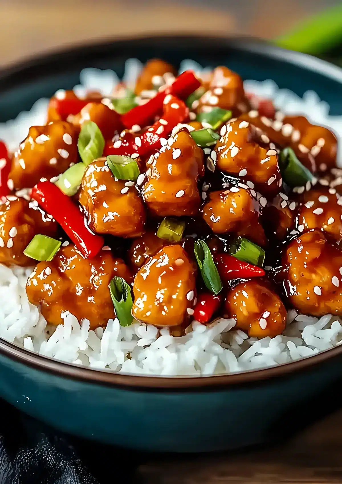 Close up of sweet chili chicken pieces in dark bowl showing glossy sauce coating with red bell peppers and sesame seeds over rice