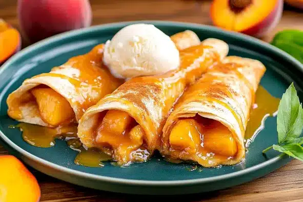Three golden peach pie enchiladas on a teal plate topped with vanilla ice cream and caramel sauce