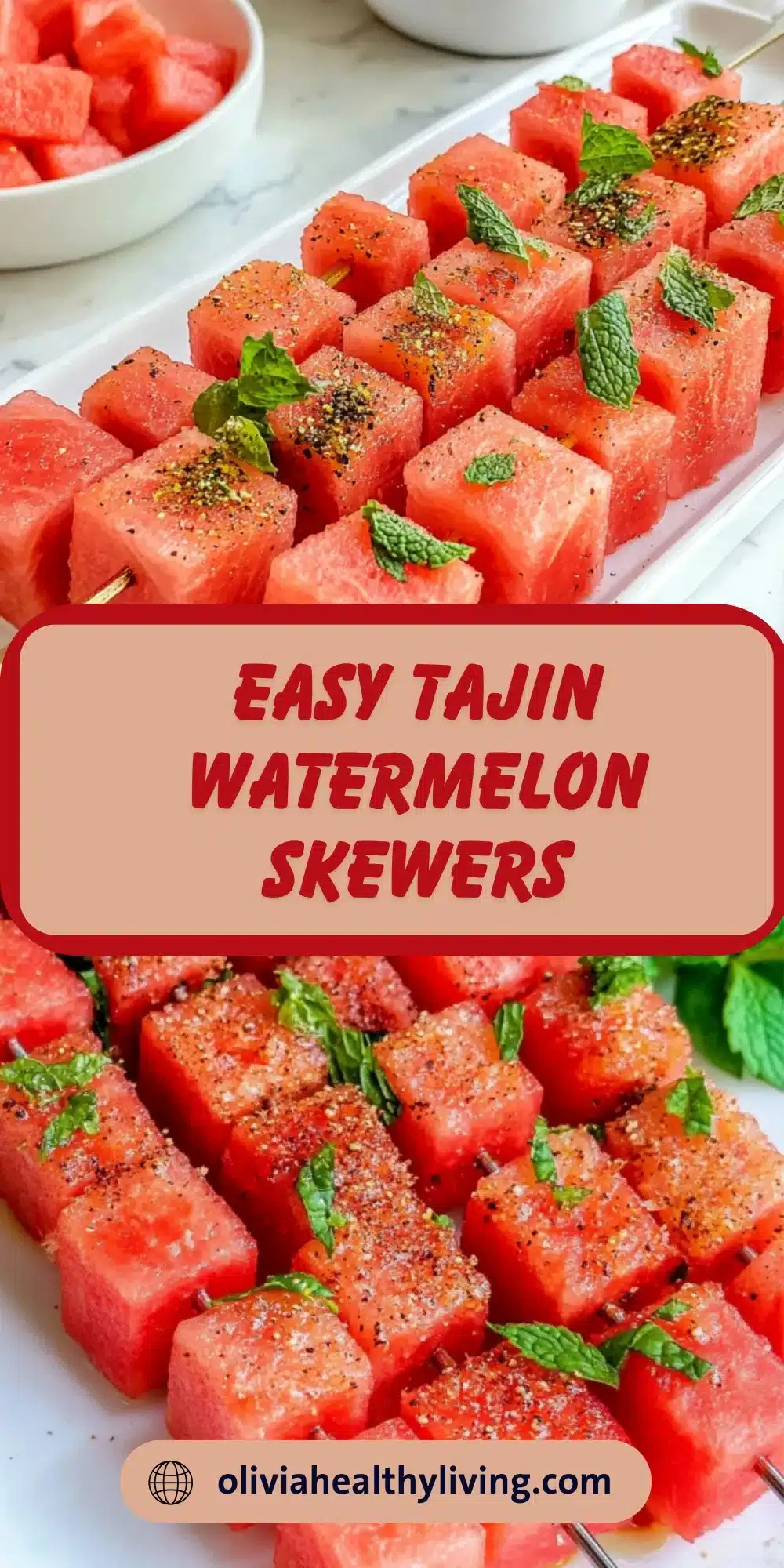 Easy tajin watermelon skewers arranged on white platter with fresh mint garnish and chili lime seasoning