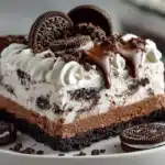 Tall-Oreo-ice-cream-cake-slice-showing-marbled-vanilla-ice-cream-with-cookie-pieces