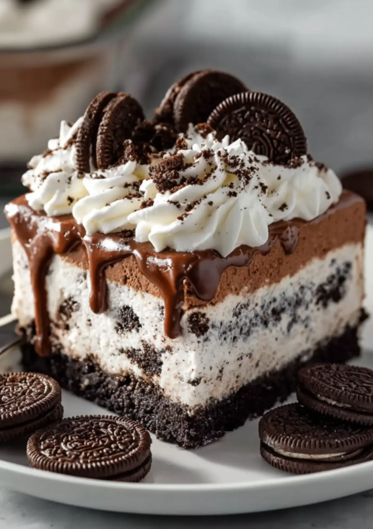This image highlights the cake's impressive height and the beautiful marbled effect of the vanilla ice cream mixed with chocolate cookie pieces