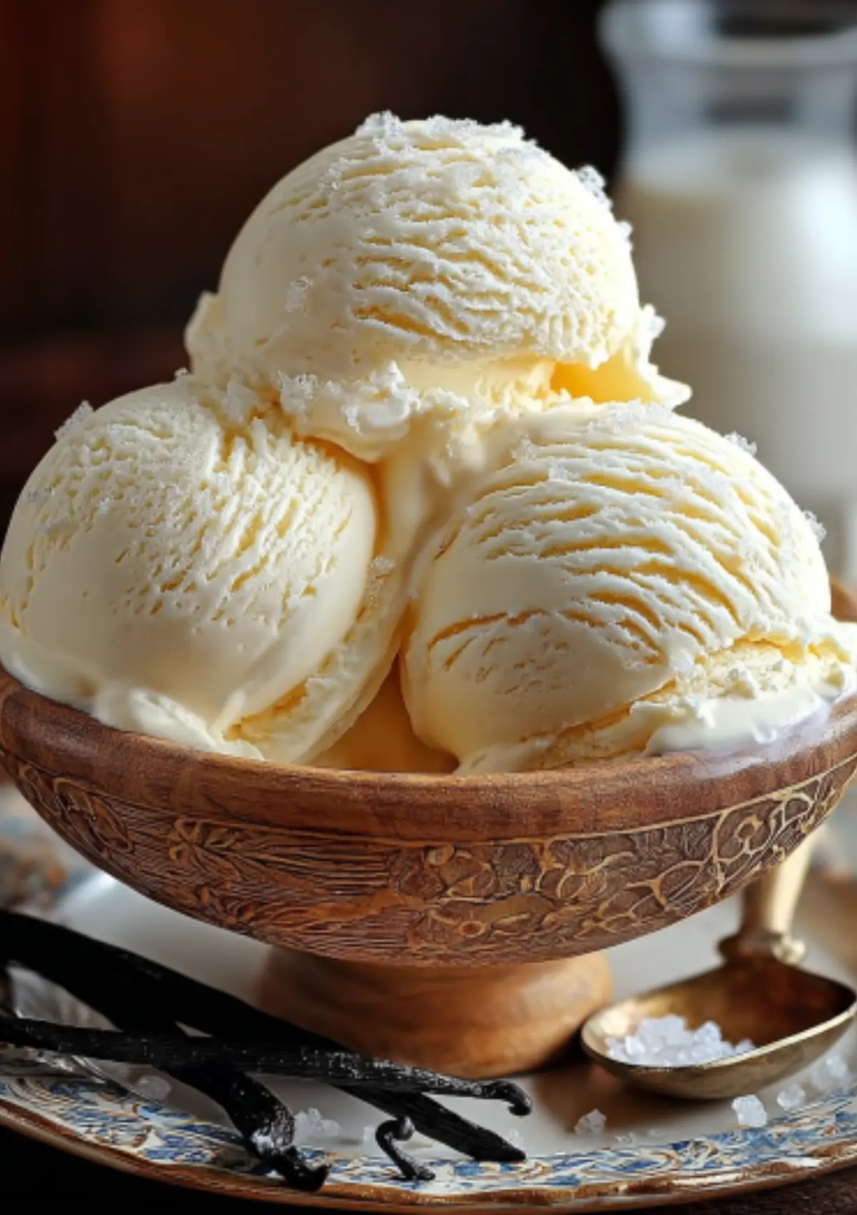 Three scoops of vanilla ice cream with caramel sauce in wooden bowl