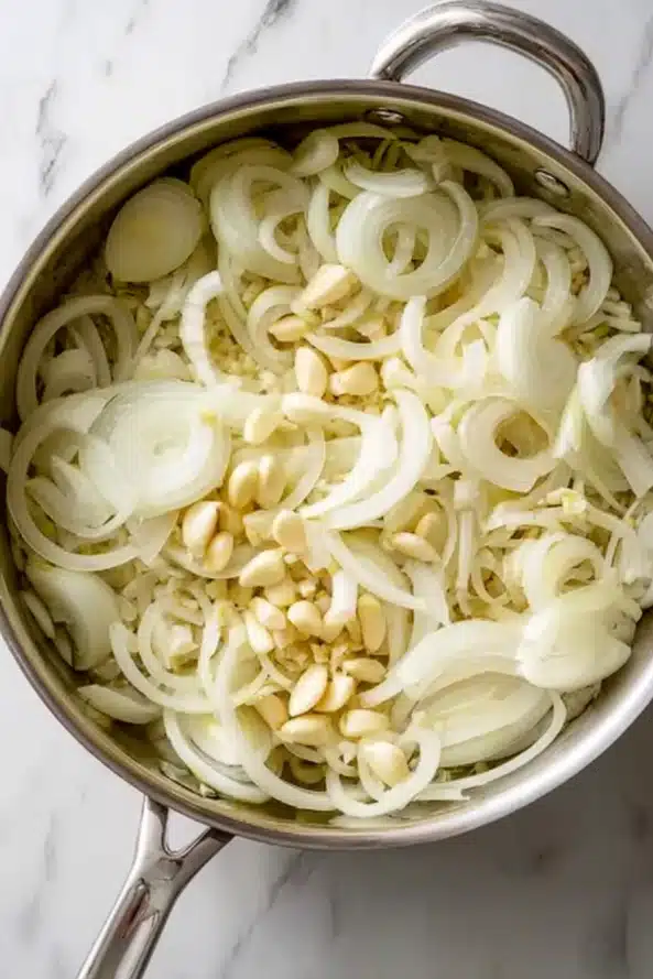 A skillet filled with simmering tomato sauce, sliced onions, and chickpeas as the base for Lebanese moussaka.
