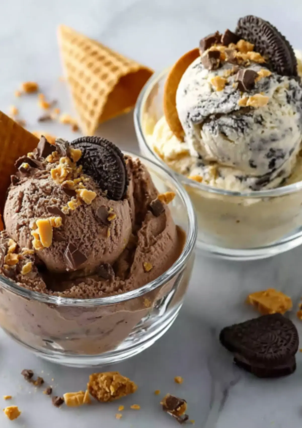 Two glass bowls of ice cream with cookie and toffee toppings, waffle cone pieces, and scattered treats on a marble surface