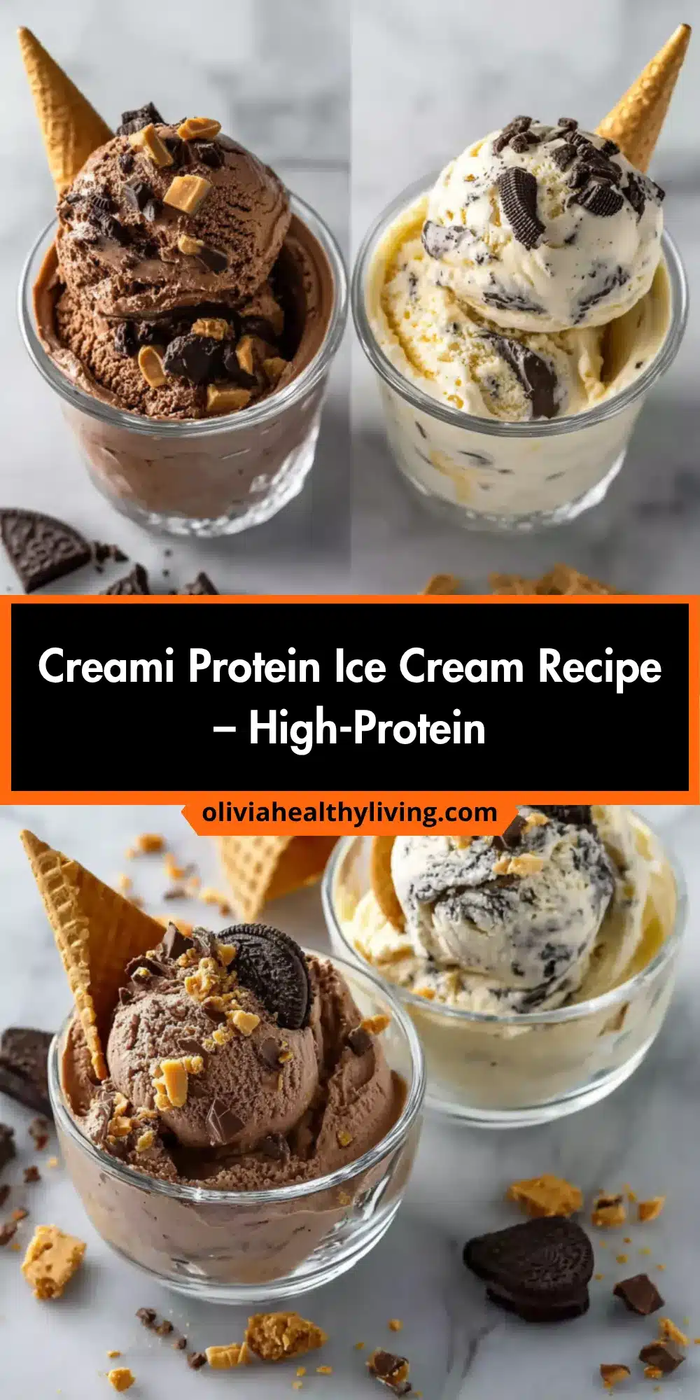 Two-panel recipe image showing protein ice cream bowls with waffle cones and the same recipe title header