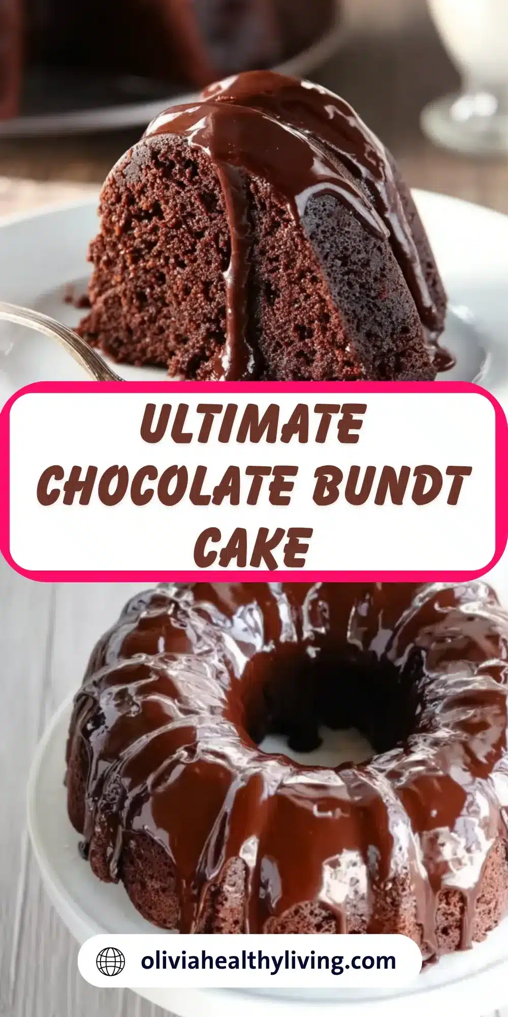 Ultimate chocolate Bundt cake with thick glaze and text overlay for Pinterest