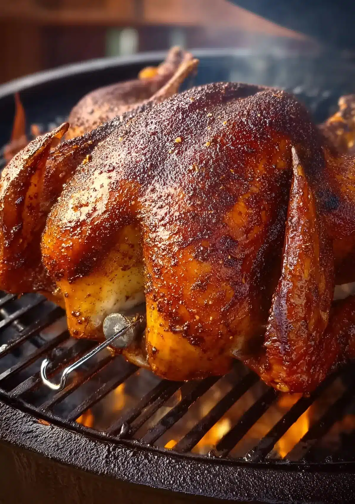 Close-up of juicy smoked turkey with caramelized dry rub crust.
