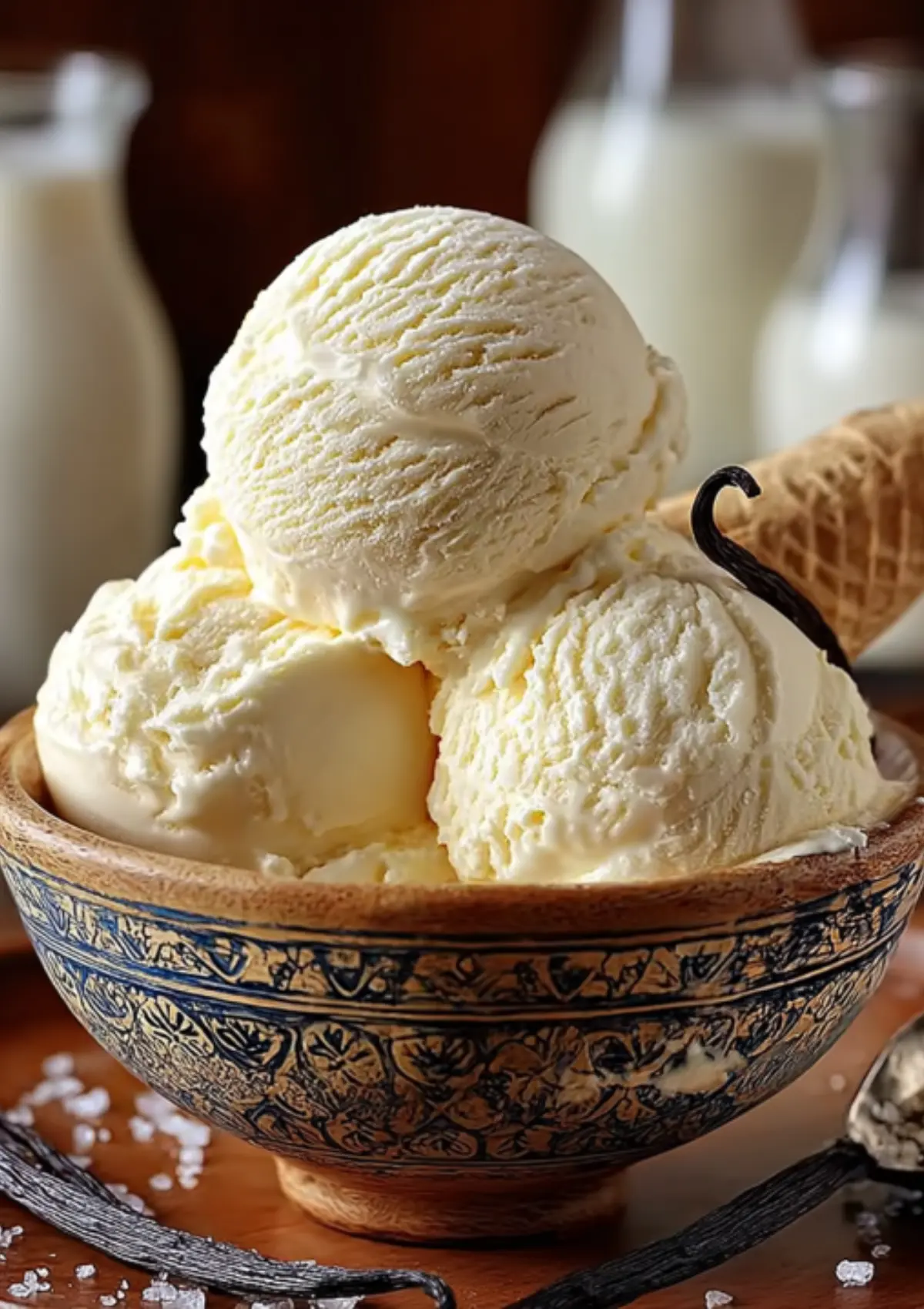 Vanilla ice cream scoops in decorative bowl with waffle cone and vanilla bean
