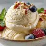 Vanilla ice cream scoops topped with mixed berries