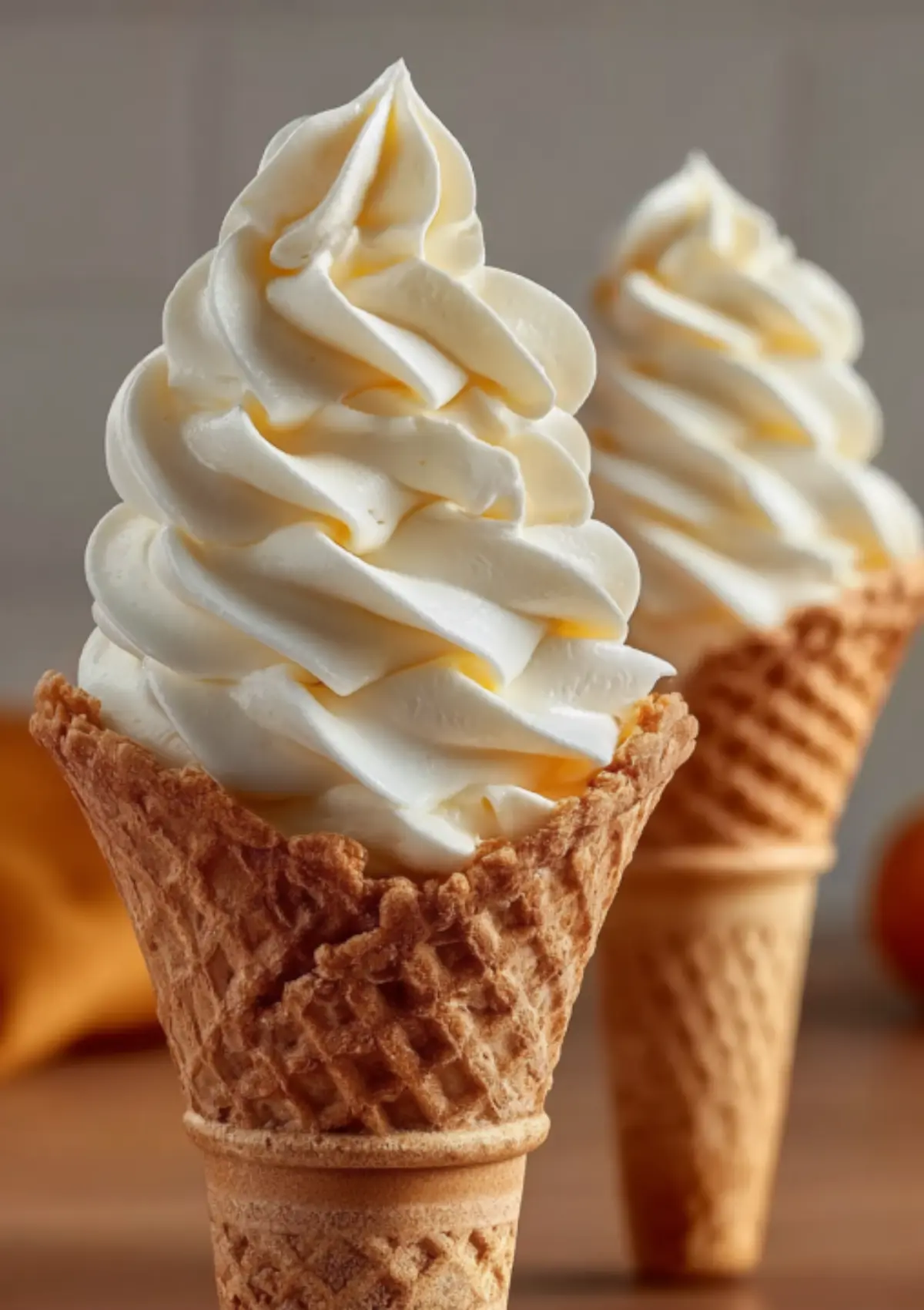 Vanilla soft serve ice cream with caramel swirls in waffle cone