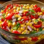Side view of a glass bowl filled with colorful summer corn salad featuring corn, grape tomatoes, red onion, green bell peppers, and fresh cilantro on a wooden surface with a blue towel.