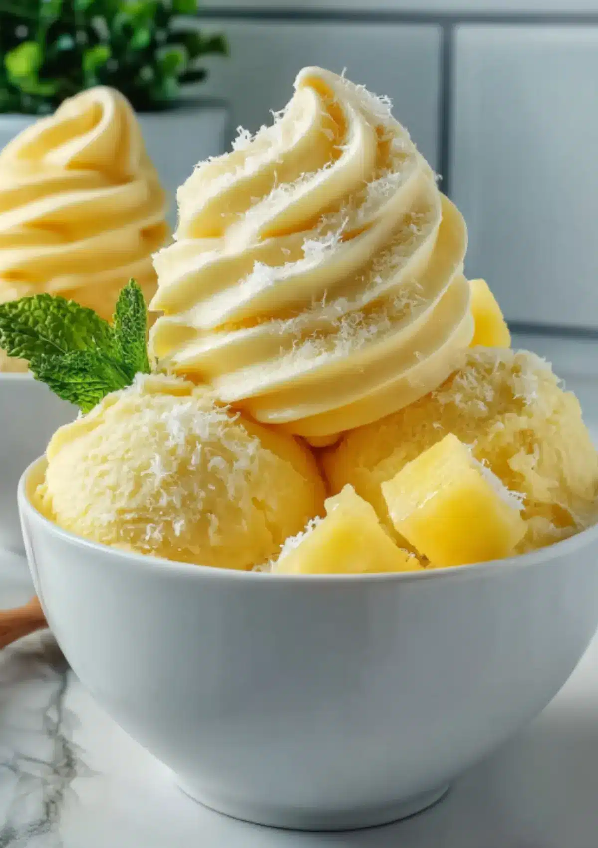 White bowl containing swirled pale yellow frozen yogurt or ice cream topped with fresh pineapple chunks