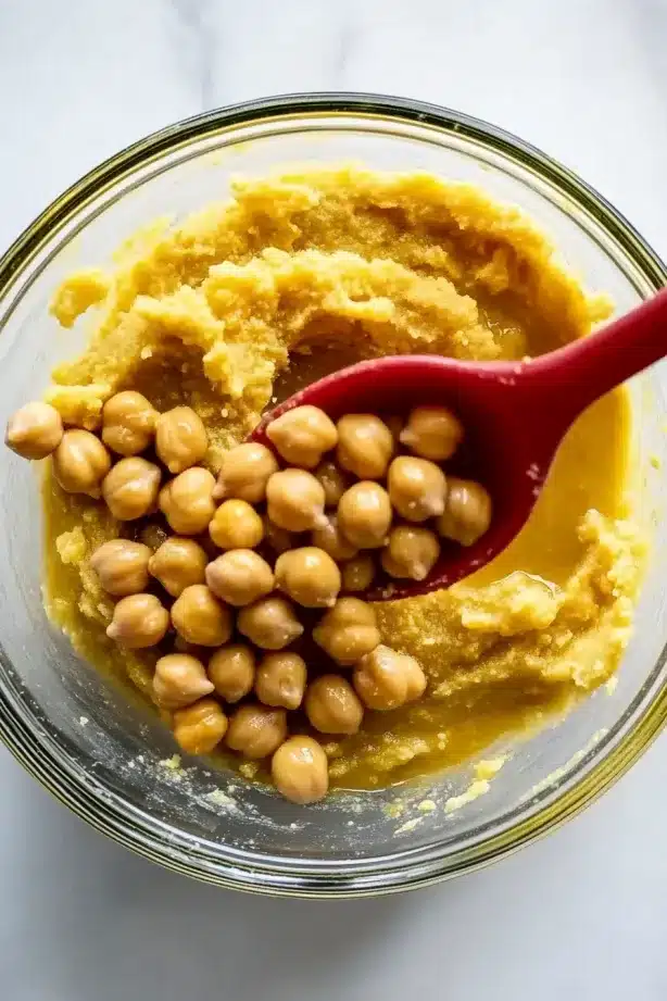 Red spoon adding whole chickpeas into mashed chickpea mixture inside a clear bowl.