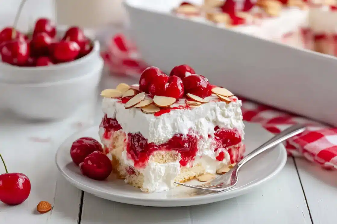 Easy Heaven on Earth Cake showing creamy white layers with red cherry swirls and almond slices on top
