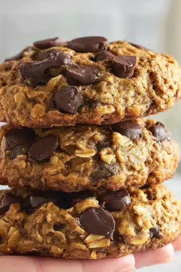 Healthy breakfast cookies recipe cookies held in hand showing texture of oats peanut butter and chocolate chips