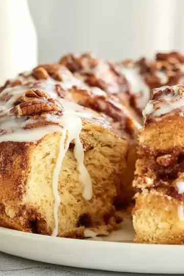 Close-up of sliced cinnamon pecan monkey bread with gooey layers and sweet glaze dripping down.