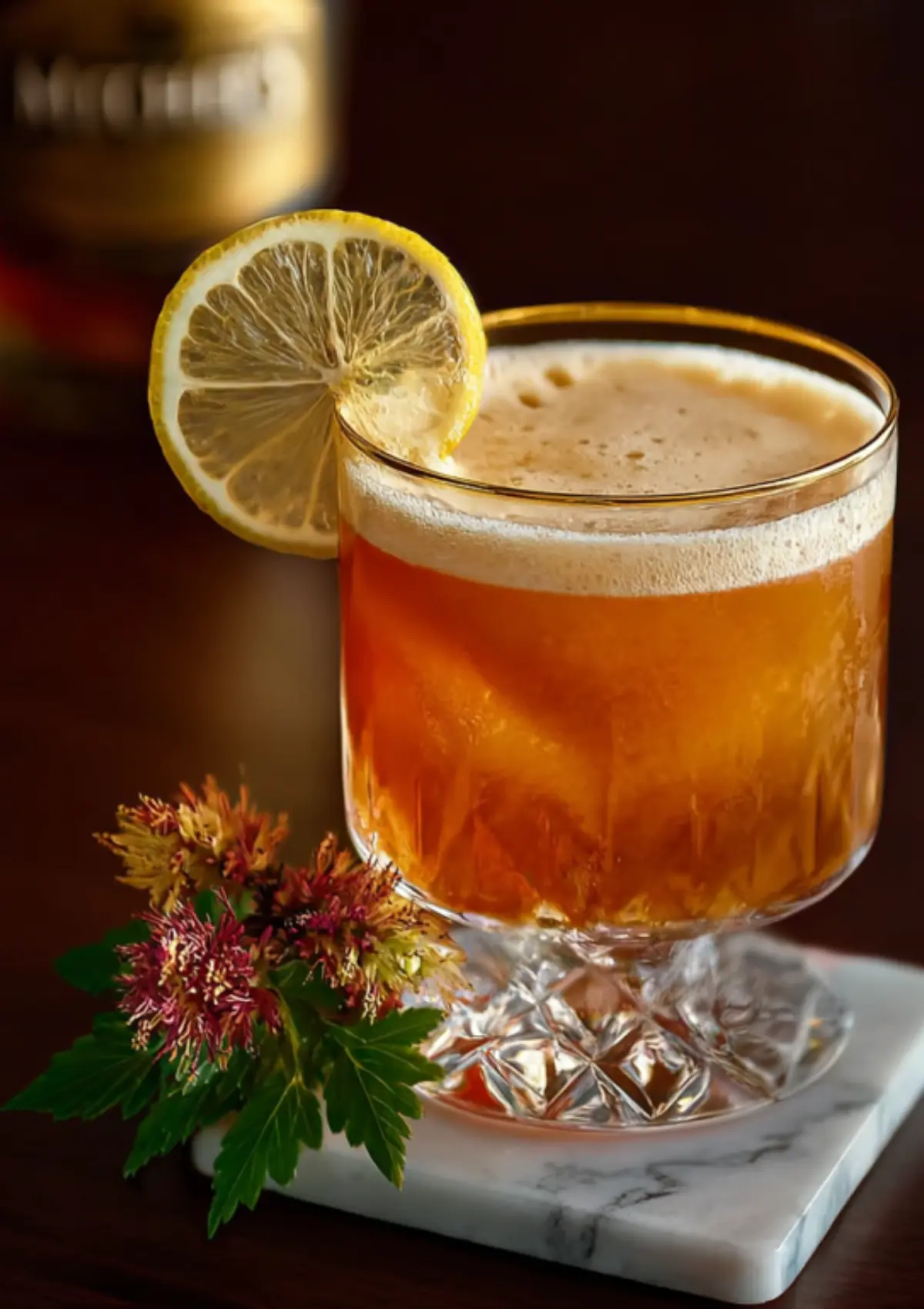 Amber cocktail with foam top in crystal glass