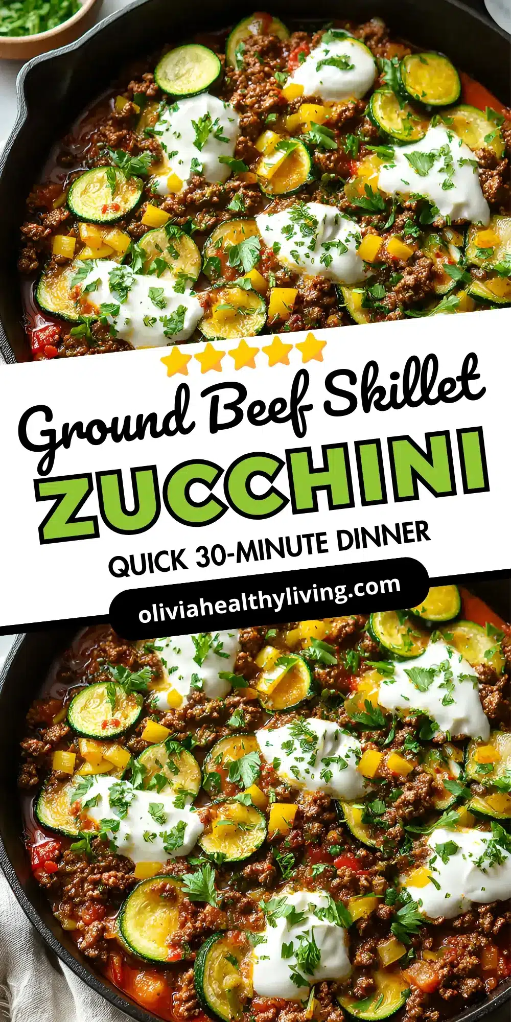 Close-up shot of zucchini half-moons, seasoned ground beef, onions, and bell peppers cooked together in a skillet, garnished with fresh parsley.