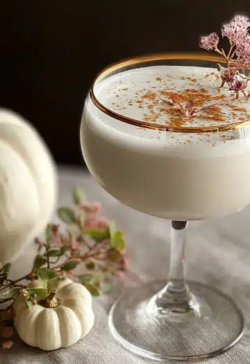 Autumn pumpkin cocktail on marble surface with white pumpkins and pink flowers in natural lightingAutumn pumpkin cocktail on marble surface with white pumpkins and pink flowers in natural lighting