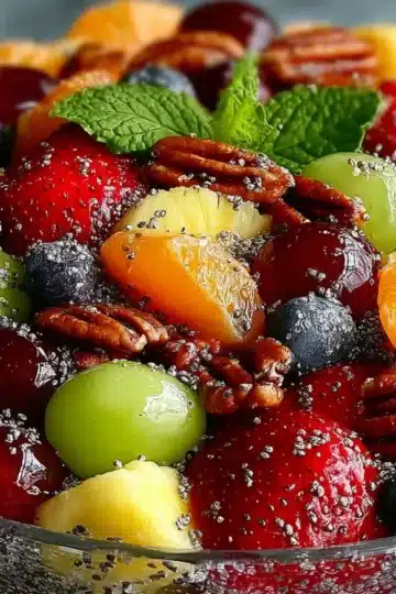 Overhead view of fresh fruit salad in glass bowl showing quartered strawberries, halved grapes, orange segments, blueberries, blackberries, pineapple chunks, toasted pecans, and fresh mint leaves with glossy dressing and poppy seeds