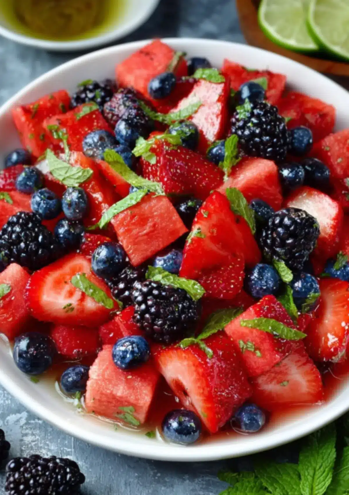 Berry watermelon fruit salad in white bowl with lime halves in background