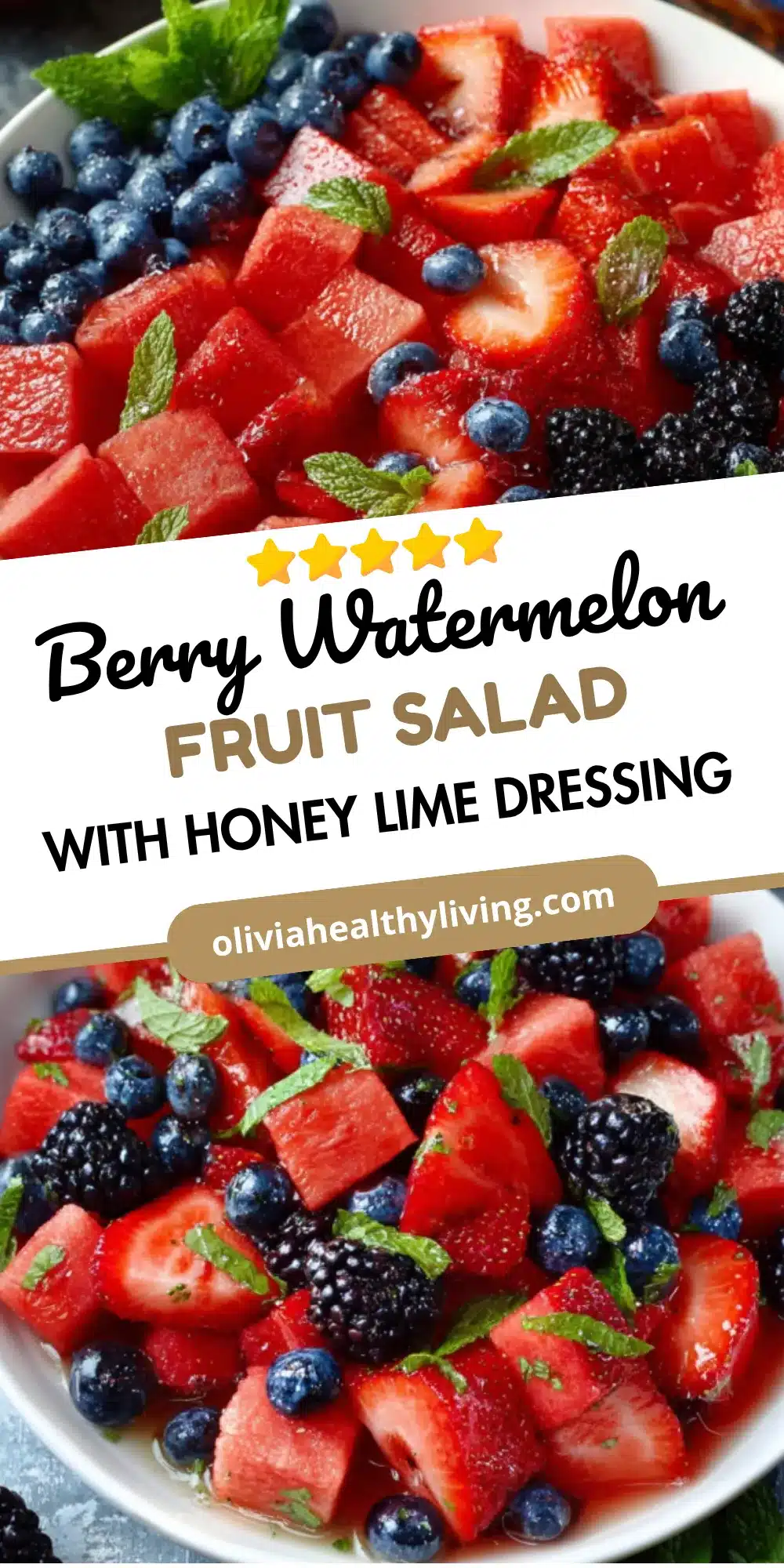 Berry watermelon fruit salad recipe title with 5-star rating