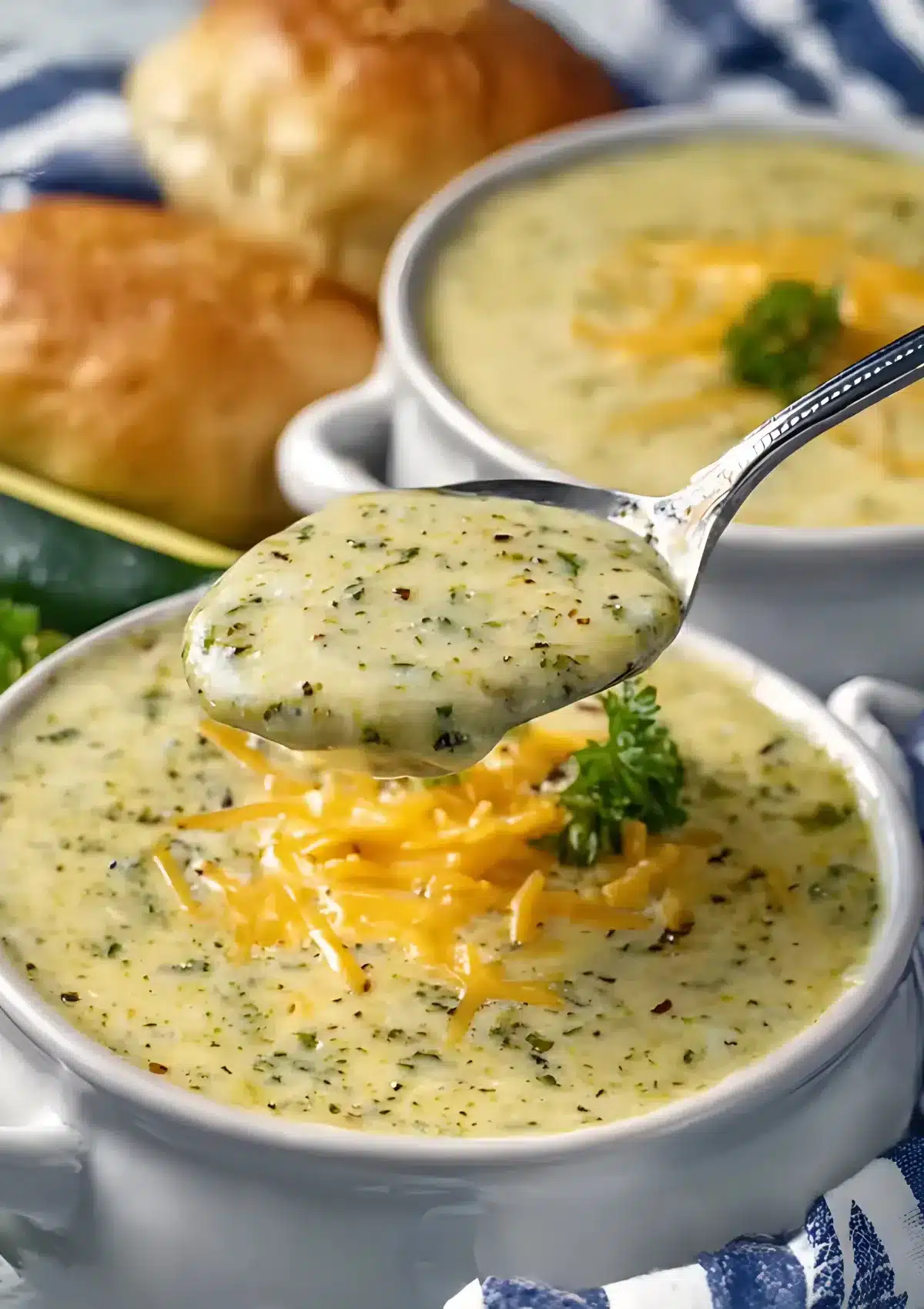 Spoon lifting creamy zucchini soup from a white mug, showing the rich, smooth consistency topped with shredded cheese and herbs, with bread rolls in the background