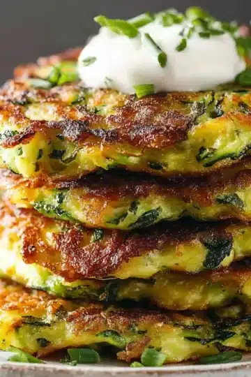 Stack of golden-brown crispy zucchini fritters with white sour cream dollop on top, garnished with fresh herbs, presented on a plate with promotional text overlay