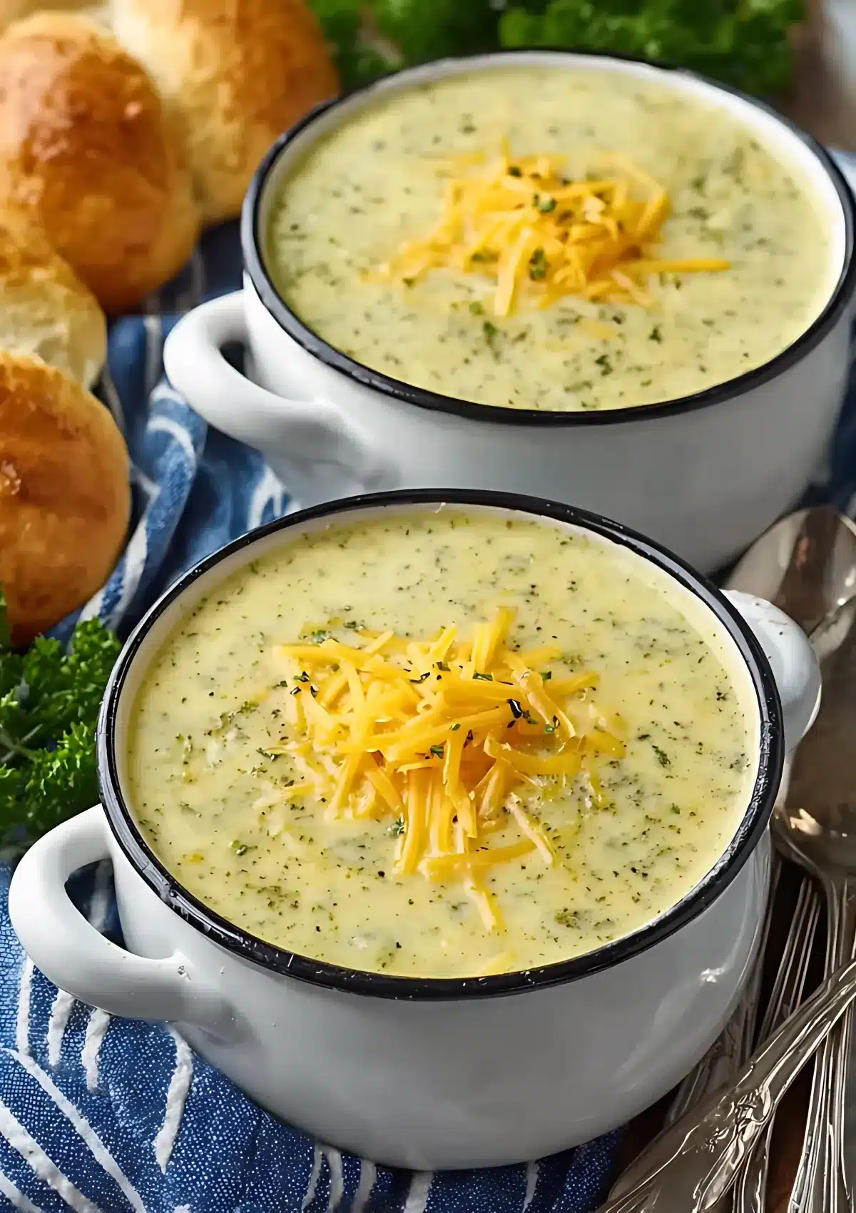 Close-up view of two white mugs containing creamy zucchini soup garnished with melted cheddar cheese and parsley, with fresh dinner rolls in the background