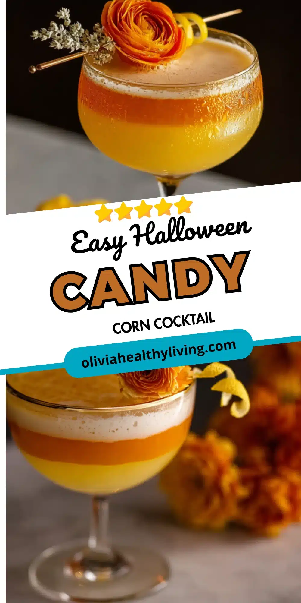 Candy corn cocktail recipe card with two drink photos and title text