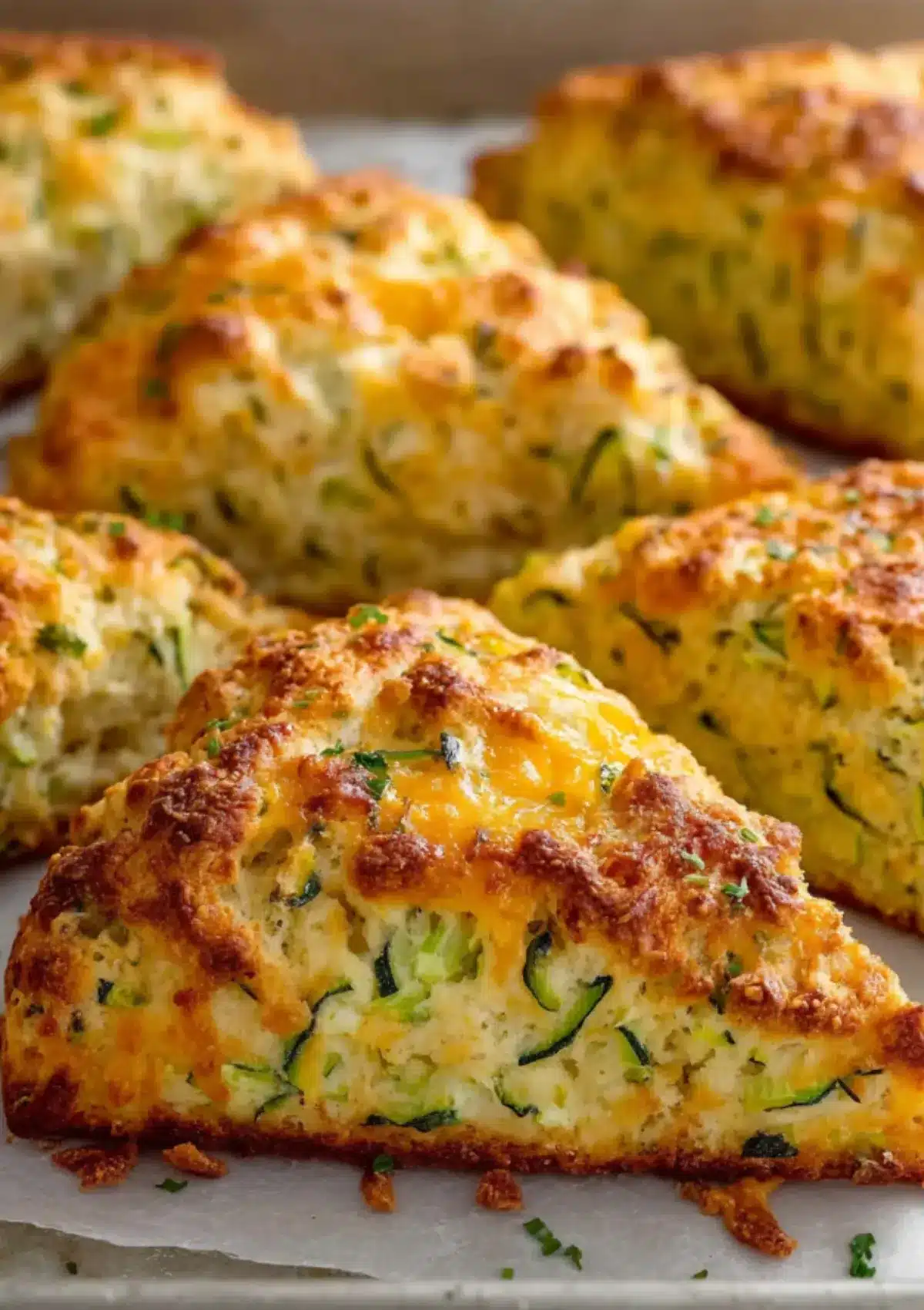 Freshly baked zucchini cheddar scones with golden cheesy tops and flecks of green zucchini on a parchment-lined tray.