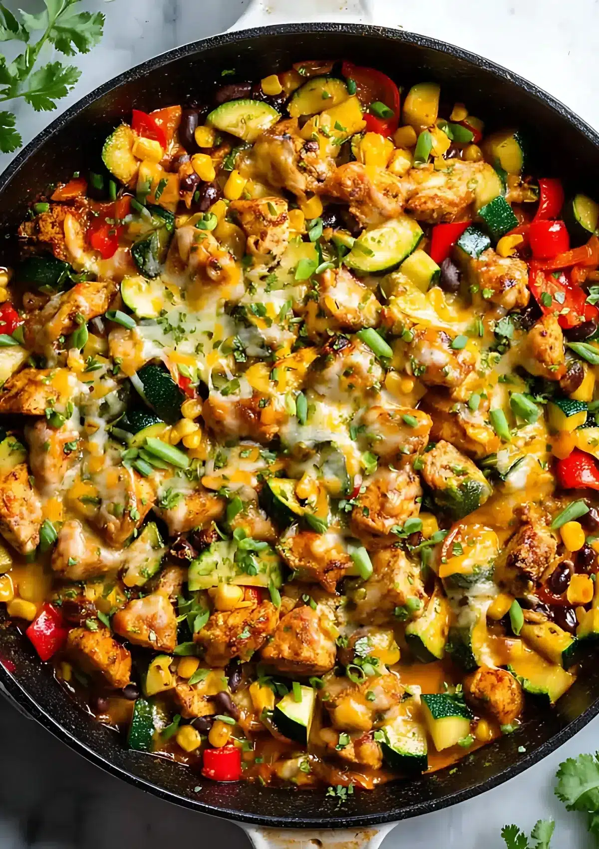 Skillet filled with tender chicken, zucchini, bell peppers, corn, and black beans topped with melted cheese and fresh cilantro.