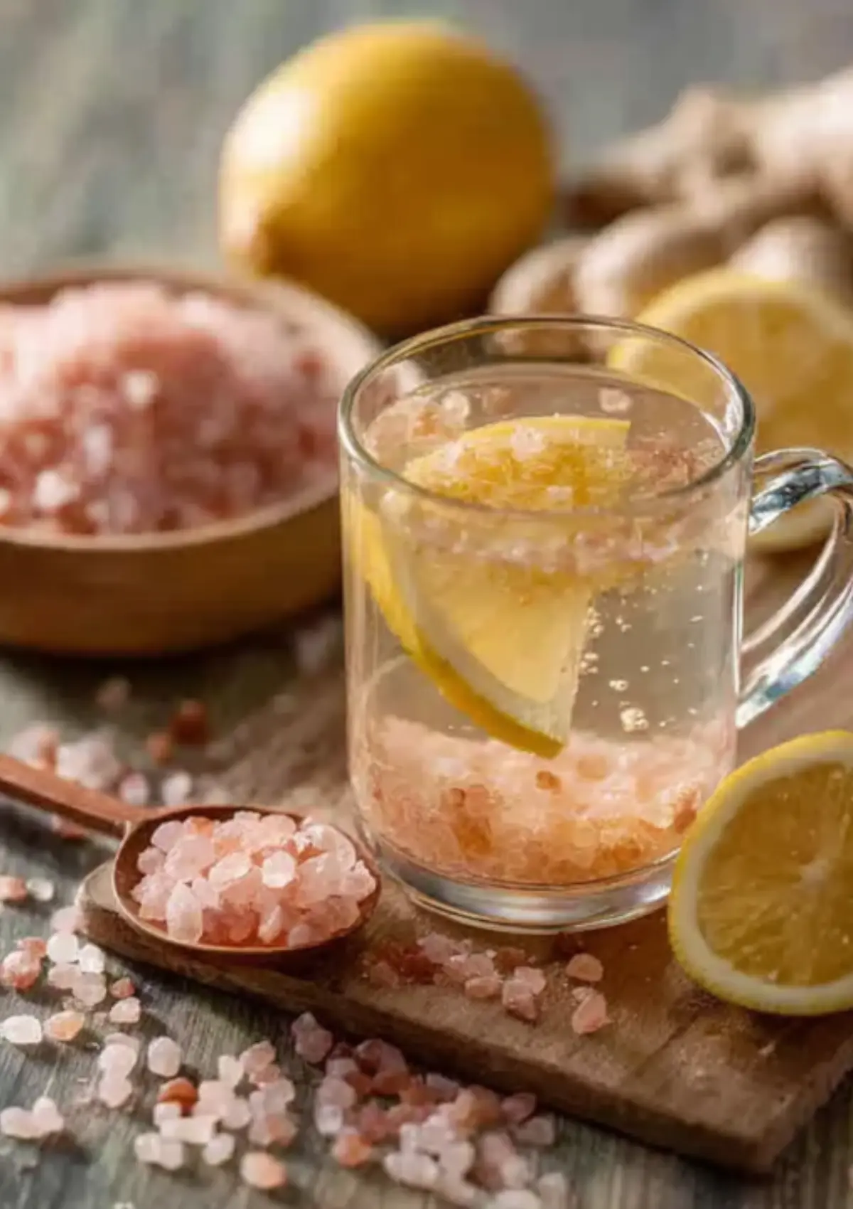 Clear glass mug filled with lemon water and pink salt crystals, with fresh citrus and salt in wooden bowls on a rustic table setting.