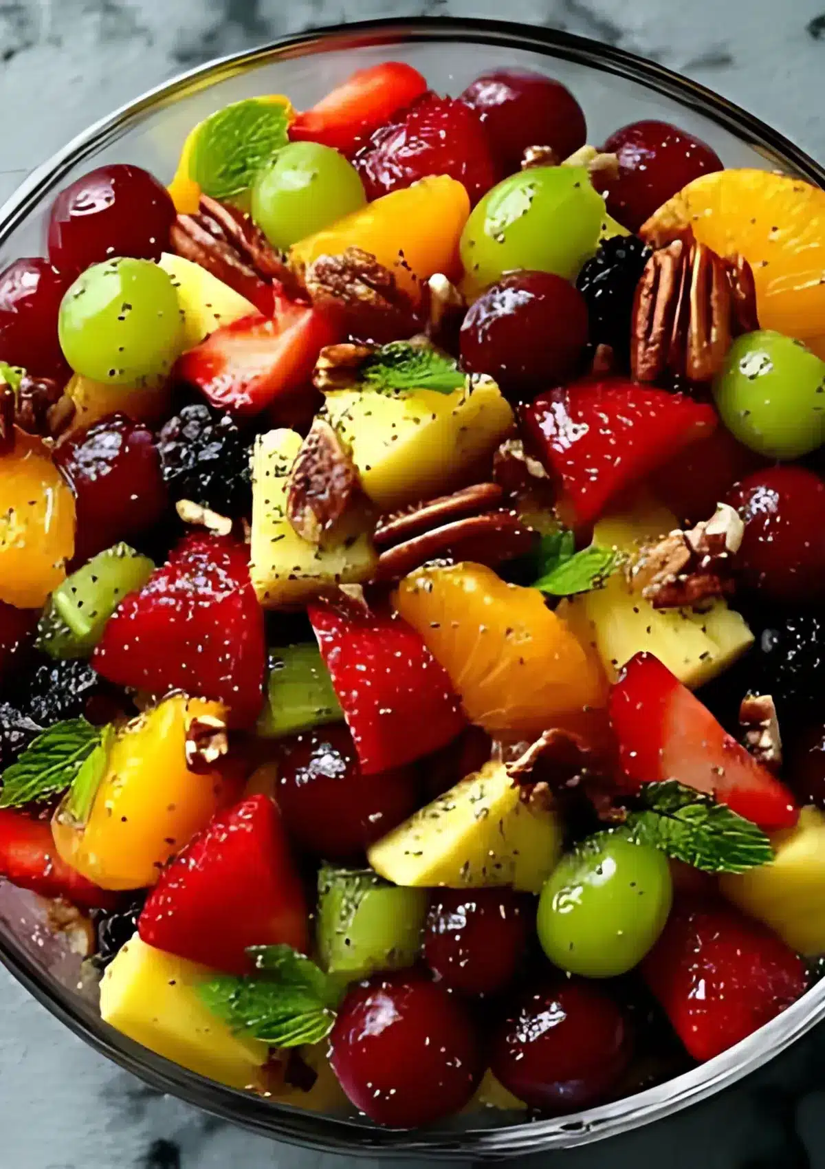 Overhead view of fresh fruit salad in glass bowl showing quartered strawberries, halved grapes, orange segments, blueberries, blackberries, pineapple chunks, toasted pecans, and fresh mint leaves with glossy dressing and poppy seeds
Overhead view of fresh fruit salad in glass bowl showing quartered strawberries, halved grapes, orange segments, blueberries, blackberries, pineapple chunks, toasted pecans, and fresh mint leaves with glossy dressing and poppy seeds