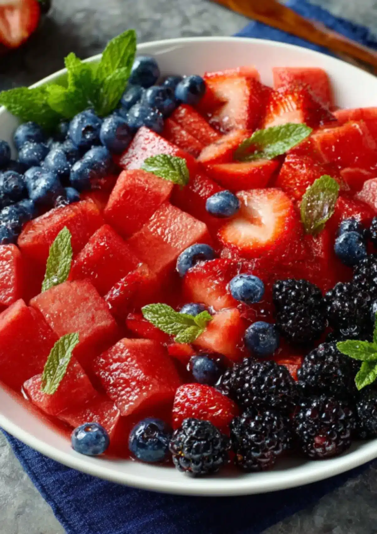 Close-up of berry watermelon fruit salad with honey lime dressing