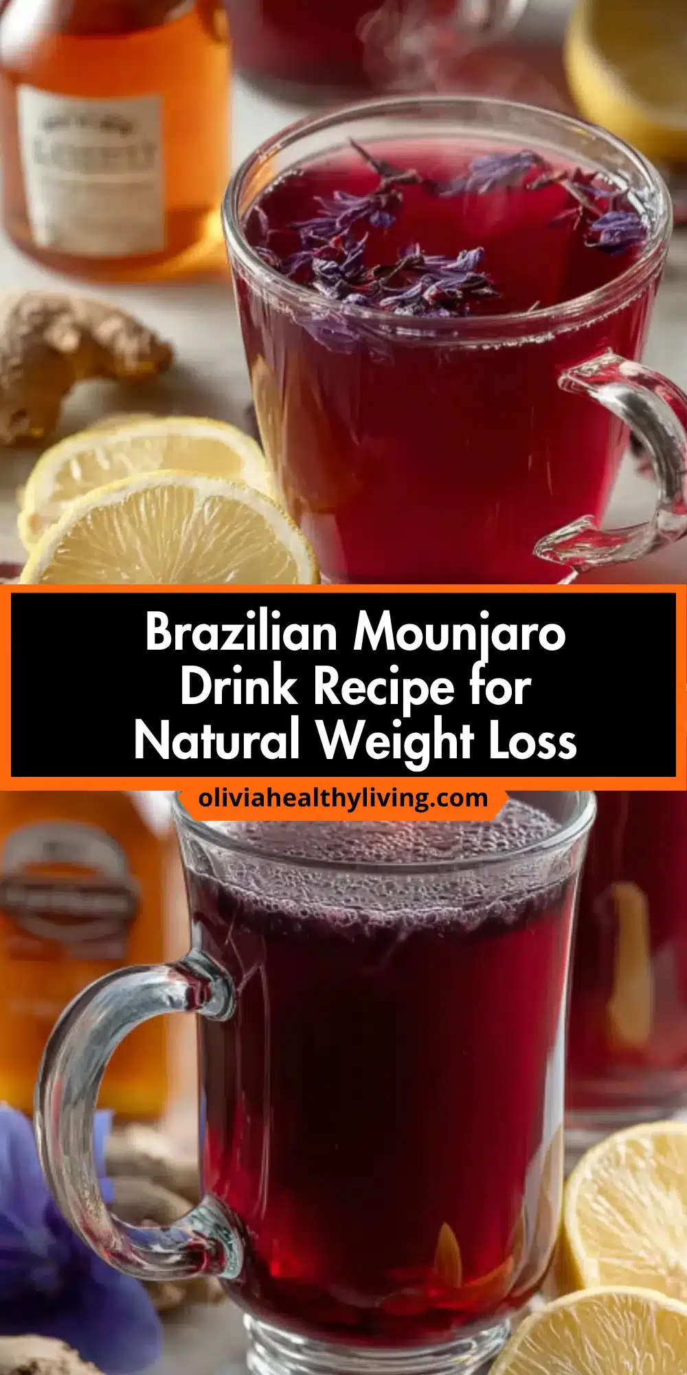 Close-up of red hibiscus tea in clear glass mug with purple flower garnish, lemon slice and honey dipper visible in background