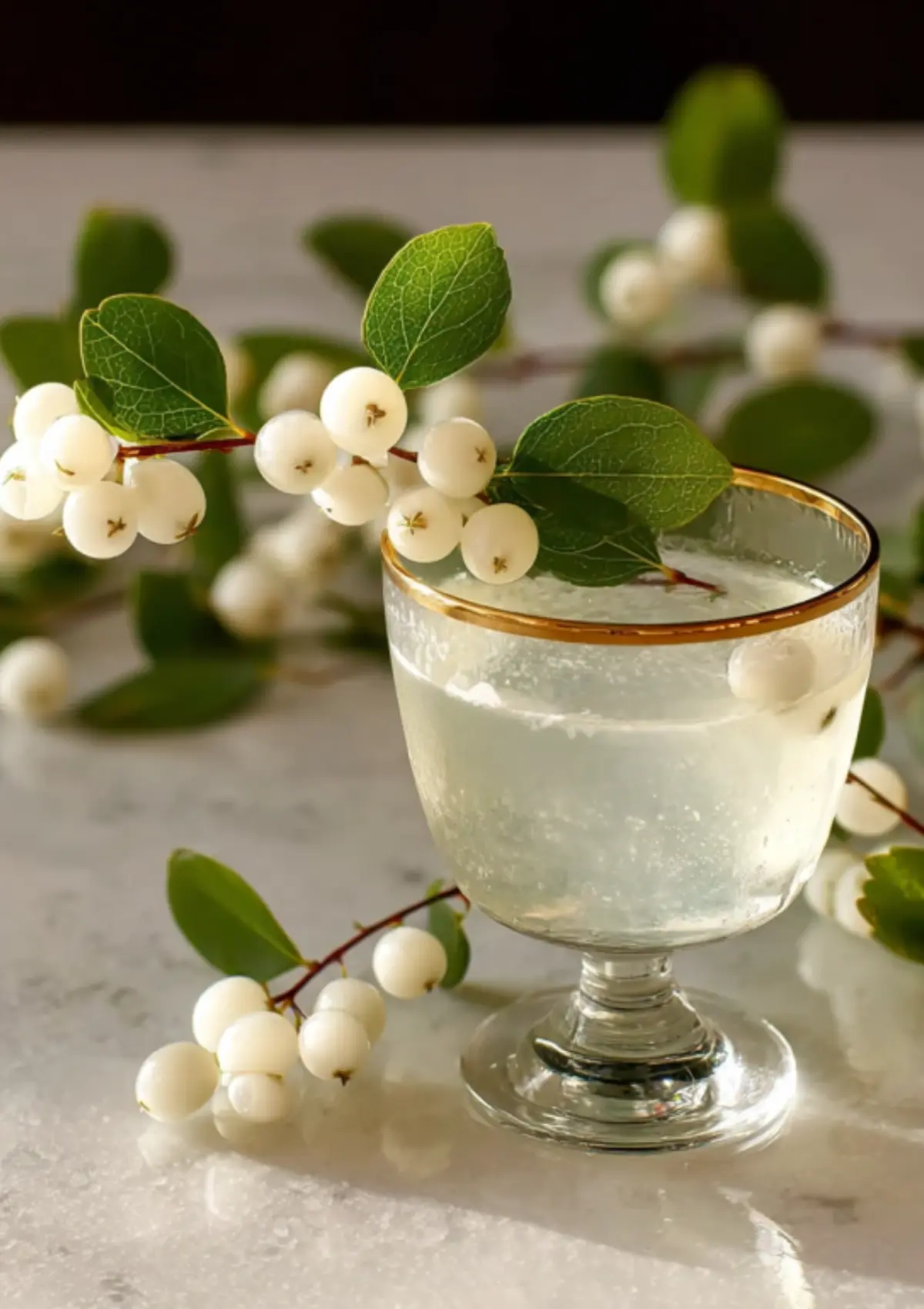 Close up of sake cocktail in stemmed glass with detailed snowberry garnish