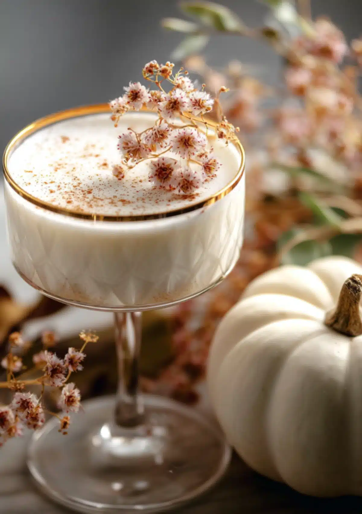 Close-up of white pumpkin cocktail with gold rim and purple flower garnish, white pumpkins in background