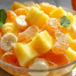 Closeup of tropical fruit salad with pineapple chunks orange segments and banana slices in a glass bowl with mint garnish