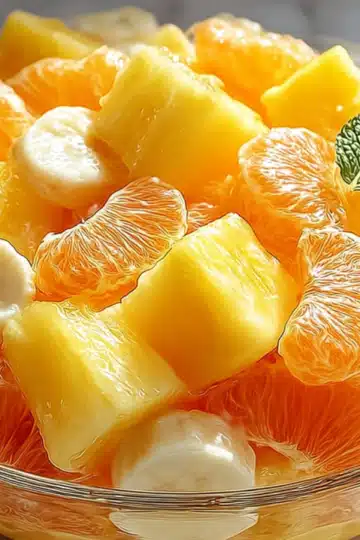 Closeup of tropical fruit salad with pineapple chunks orange segments and banana slices in a glass bowl with mint garnish
