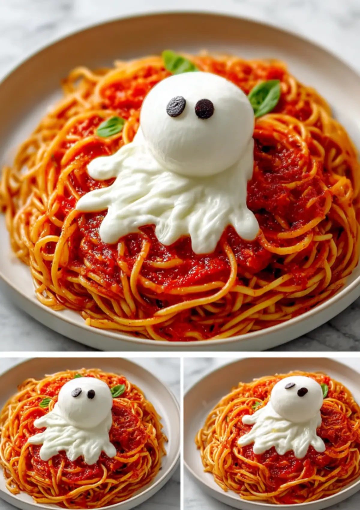 Collage showing multiple servings of Halloween spaghetti with burrata ghosts