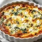Golden brown crustless quiche made with cottage cheese, spinach, and mozzarella, baked in a scalloped white pie dish on marble background.