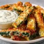 Golden-brown baked parmesan zucchini fries on white plate with creamy herb dipping sauce