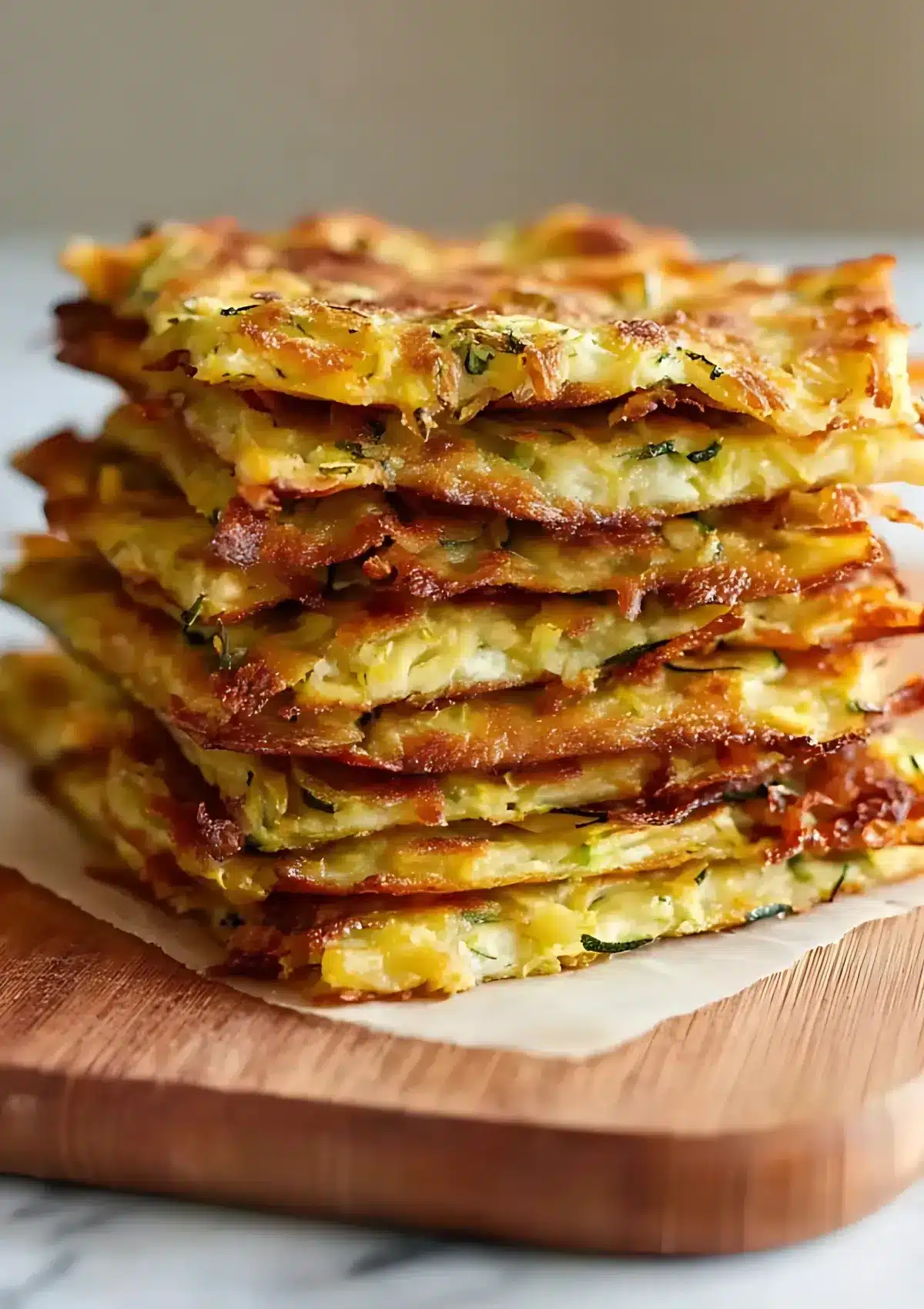 A tall stack of zucchini scarpaccia with golden crispy edges, featured in a recipe graphic with text highlighting “Best, Crispy Zucchini Scarpaccia.