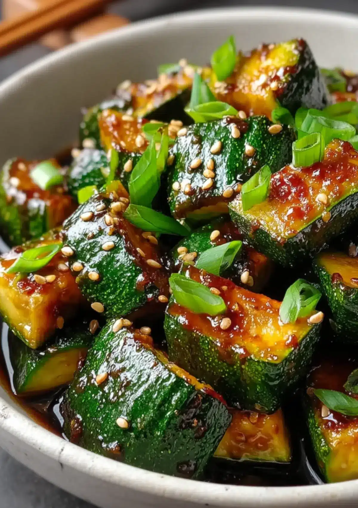 Cubes of hibachi-style zucchini with caramelized edges, drizzled in savory glaze, sprinkled with toasted sesame seeds, and topped with chopped scallions in a white serving bowl.